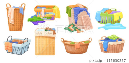 Full laundry baskets. Dirty clothes bin, lot messy clothing heap or wash dry fresh cloth in basket, laundries bowl basin with blankets towel socks stack, neat vector illustration Full laundry baskets. Dirty clothes bin, lot messy clothing heap or wash dry fresh cloth in basket, laundries bowl basin with blankets towel socks stack, neat vector illustration 115630237