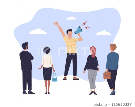 Leader megaphone speech. Executive employees strike, man shout in loudspeaker at crowd people, loud announce speaker yelling company announcement, communication vector illustration 115630327