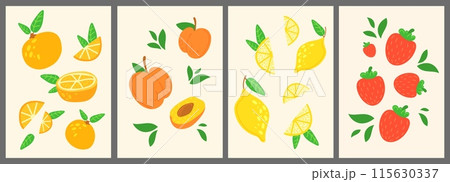 Abstract harvest fruits posters. Drawings appetizing fruit vintage minimalist art design poster, colorful isolated citrus orange peach apricot Abstract harvest fruits posters. Drawings appetizing fruit vintage minimalist art design poster, colorful isolated citrus orange peach apricot 115630337