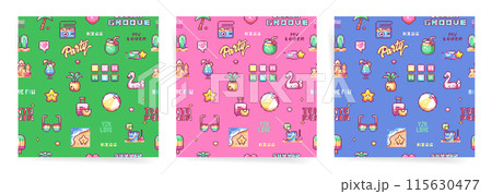 Pixel Art Summer Patterns Collection: Retro 8 bit Digital Backgrounds with Cute Flamingos, Coconuts, Cocktails, and Colorful Elements for Leisure, Relaxation, and Party Vibes 115630477