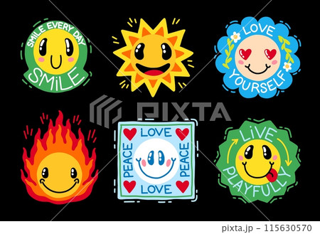 Cute stickers. Smile face stamp. Retro badge. Positive emoji. Cool cartoon label. Doodle emoticon. Groovy funny pop art. Love and peace. Y2K patch. Joy and happiness. Vector icons set 115630570