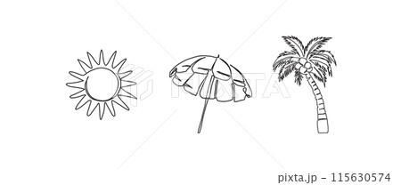 Sun, beach umbrella, palm tree continuous one line drawing, single line art element, minimalist sketch line vector illustration, summer holiday concept 115630574