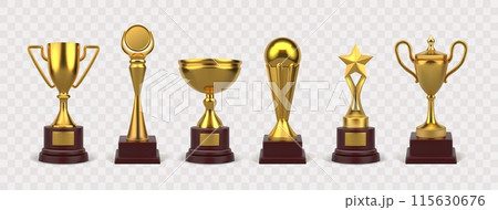 3D award. Golden cup for soccer champions. Sport competition. Gold goblets. Game winner prize shapes. Championship achievement. Tournament victory. Vector realistic winning rewards set 115630676