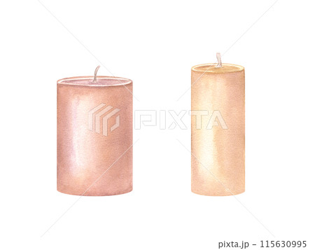 Pair of elegant pillar candles in neutral tones, featuring varying heights. Minimalist design. Aroma SPA candle. Watercolor illustration. Ideal for events, gifts, or adding elegance to your interior. 115630995