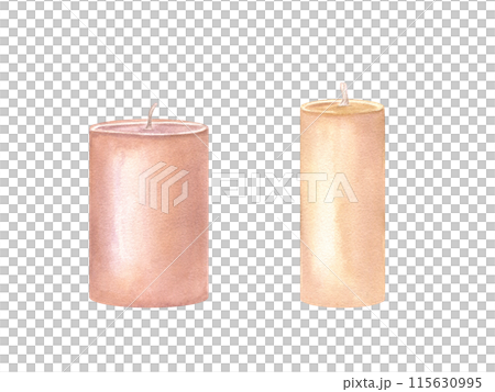 Pair of elegant pillar candles in neutral tones, featuring varying heights. Minimalist design. Aroma SPA candle. Watercolor illustration. Ideal for events, gifts, or adding elegance to your interior. 115630995