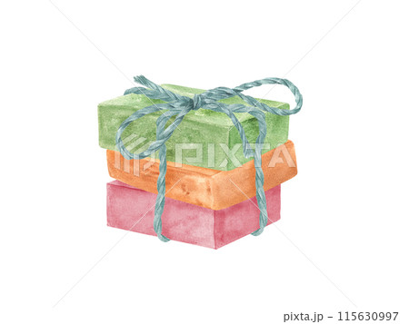 Craft Soap bars tied with jute rope. Homemade colored scented soaps. Hygiene natural product. Fragrant bath soap. Hemp burlap ropes tied in bows. Watercolor illustration of organic cosmetics 115630997