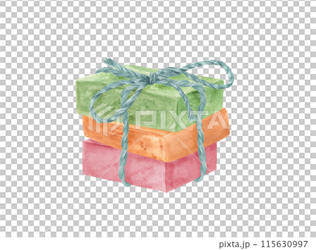 Craft Soap bars tied with jute rope. Homemade colored scented soaps. Hygiene natural product. Fragrant bath soap. Hemp burlap ropes tied in bows. Watercolor illustration of organic cosmetics 115630997