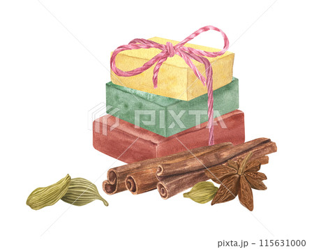 Soap bars adorned with cinnamon sticks, star anise and cardamom for the holiday season. Organic cosmetic. Winter spice for aromatherapy. Craft Soaps tied with pink jute rope. Watercolor illustration Soap bars adorned with cinnamon sticks, star anise and cardamom for the holiday season. Organic cosmetic. Winter spice for aromatherapy. Craft Soaps tied with pink jute rope. Watercolor illustration 115631000