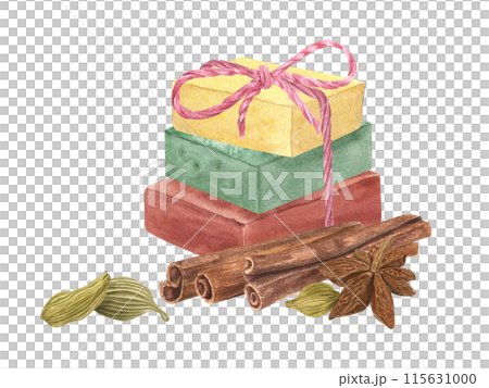 Soap bars adorned with cinnamon sticks, star anise and cardamom for the holiday season. Organic cosmetic. Winter spice for aromatherapy. Craft Soaps tied with pink jute rope. Watercolor illustration Soap bars adorned with cinnamon sticks, star anise and cardamom for the holiday season. Organic cosmetic. Winter spice for aromatherapy. Craft Soaps tied with pink jute rope. Watercolor illustration 115631000
