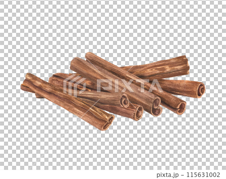 Cinnamon Sticks. Spice heap. Versatile culinary ingredient with their aromatic essence. For recipes, both sweet and savory. Cooking and baking seasoning. Watercolor illustration of winter spices Cinnamon Sticks. Spice heap. Versatile culinary ingredient with their aromatic essence. For recipes, both sweet and savory. Cooking and baking seasoning. Watercolor illustration of winter spices 115631002