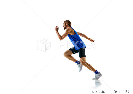 Dynamic image of competitive and forced man, muscular runner in motion, training isolated on white studio background Dynamic image of competitive and forced man, muscular runner in motion, training isolated on white studio background 115631127