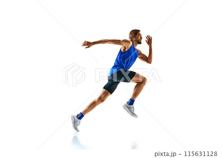 Dynamic image of man in a run, runner in motion, training isolated on white studio background. Speed and endurance. Dynamic image of man in a run, runner in motion, training isolated on white studio background. Speed and endurance. 115631128