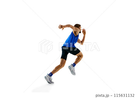 Dynamic image of man in a run, runner in motion, training isolated on white studio background. Speed and endurance. 115631132