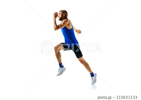 Focused and motivated young man, competitive athlete in motion, running, preparing for competition isolated on white studio background 115631133