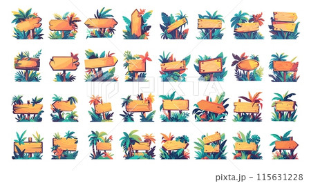Cartoon jungle sign boards set. Blank empty wood planks wooden pointers arrows banners with tropical leaves vector illustration Cartoon jungle sign boards set. Blank empty wood planks wooden pointers arrows banners with tropical leaves vector illustration 115631228