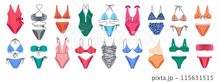 Beach swimwear. Women's colorful bikini, stylish bras and panties, one piece swimsuits, summer vacation garments flat vector illustration set. Swimwear fashion collection 115631515