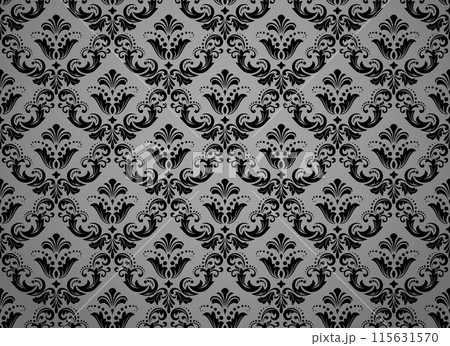 Wallpaper in the style of Baroque. Seamless vector background. Gray and black floral ornament. Graphic pattern for fabric, wallpaper, packaging. Ornate Damask flower ornament Wallpaper in the style of Baroque. Seamless vector background. Gray and black floral ornament. Graphic pattern for fabric, wallpaper, packaging. Ornate Damask flower ornament 115631570