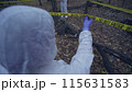 Forensic experts in uniform examining a forest hazard area, conducting an investigation 115631583