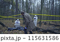 Police detective crossing yellow tape to examine a deceased person, crime investigation 115631586