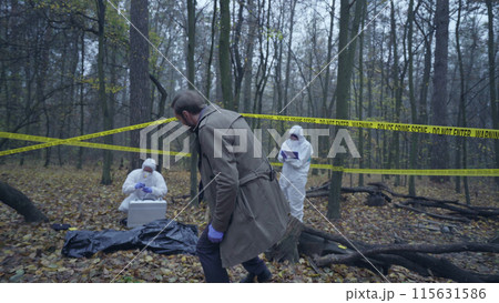 Police detective crossing yellow tape to examine a deceased person, crime investigation Police detective crossing yellow tape to examine a deceased person, crime investigation 115631586