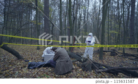 Skilled detective examining the victim of a brutal murder in the forest, surrounded by yellow crime scene tape Skilled detective examining the victim of a brutal murder in the forest, surrounded by yellow crime scene tape 115631587