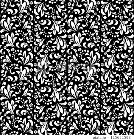 Flower pattern. Seamless white and black ornament. Graphic vector background. Ornament for fabric, wallpaper, packaging. 115631598
