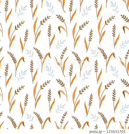 Ears and wild herbs seamless vector pattern. Simple flat style. White background. Ears and wild herbs seamless vector pattern. Simple flat style. White background. 115631701