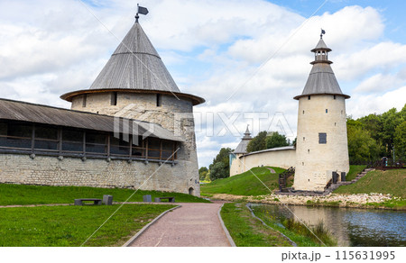 Landscape photo with Kremlin of Pskov, Russia. Stone towers 115631995