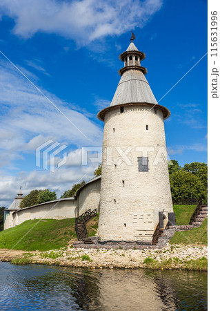 Stone tower and walls of the Kremlin of Pskov, Russia 115631996