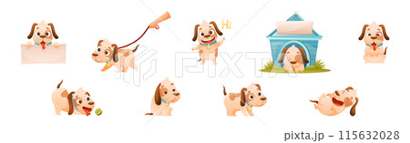 Cute Dog with Collar as Domestic Pet Engaged in Different Activity Vector Set 115632028