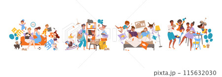 Naughty Hyperactive Children Characters Making Mess Vector Illustration Set 115632030