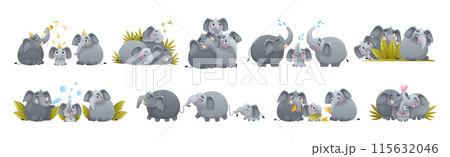 Elephant Family with Parent and Sweet Baby Together Engaged in Different Activity Vector Set Elephant Family with Parent and Sweet Baby Together Engaged in Different Activity Vector Set 115632046