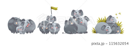 Elephant Family with Parent and Sweet Baby Together Engaged in Different Activity Vector Set 115632054