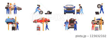 Car Repair Service with Mechanics Team in Garage Doing Technical Inspection and Automobile Diagnostics Vector Illustration Set 115632102