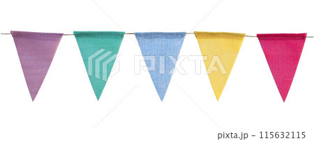 Pastel colorful bunting garland. Party flags on rope. Textured fabric. Birthday celebration, wedding anniversary. Holiday Festa Junina decor. Isolated overlay object, banner on white background. Pastel colorful bunting garland. Party flags on rope. Textured fabric. Birthday celebration, wedding anniversary. Holiday Festa Junina decor. Isolated overlay object, banner on white background. 115632115