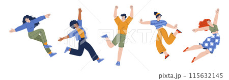 Happy and Rejoicing Jumping Man and Woman Character Cheering Vector Illustration Set Happy and Rejoicing Jumping Man and Woman Character Cheering Vector Illustration Set 115632145