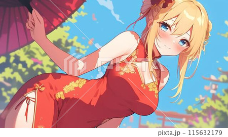 チャイナドレス水着を着た妖艶な女性 115632179