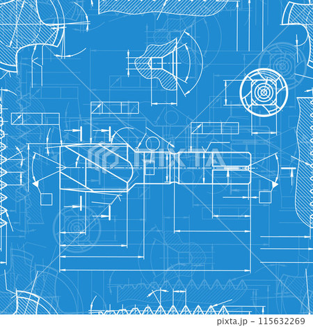 Mechanical engineering drawings on blue background. Tap tools, borer. Technical Design. Cover. Blueprint. Seamless pattern. Vector illustration. 115632269