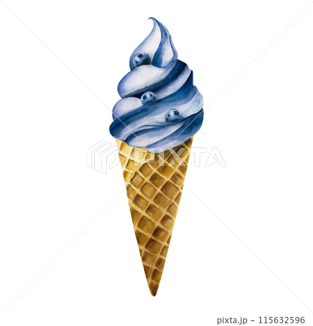 Blueberry soft ice cream with berries in crispy waffle cone. Hand painting sweet watercolor illustration isolated on background. For designers, menu, shop, decoration, restaurant, for postcards Blueberry soft ice cream with berries in crispy waffle cone. Hand painting sweet watercolor illustration isolated on background. For designers, menu, shop, decoration, restaurant, for postcards 115632596