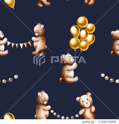 Seamless pattern with cute cartoon teddy bears with golden foil balloons on a strings, birthday garland of brown and beige flags. Hand drawn watercolor baby illustration isolated on background. Lovely 115632609