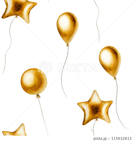 Seamless pattern with golden foil balloons on a strings. Hand drawn watercolor birthday and party decoration isolated on background. Shiny element for designers, prints, baby shower, postcards Seamless pattern with golden foil balloons on a strings. Hand drawn watercolor birthday and party decoration isolated on background. Shiny element for designers, prints, baby shower, postcards 115632613