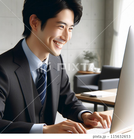 パソコンにむかう笑顔のスーツを着た日本人男性 115632653