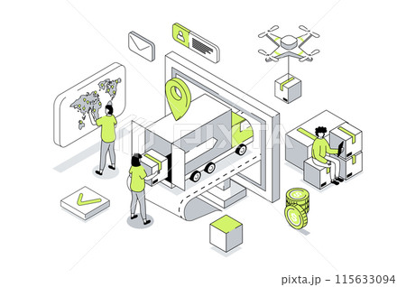 Worldwide delivery 3d isometric concept in outline isometry design for web. People using global logistic company with truck transportation, receiving parcels with cargo shipping. Vector illustration. Worldwide delivery 3d isometric concept in outline isometry design for web. People using global logistic company with truck transportation, receiving parcels with cargo shipping. Vector illustration. 115633094