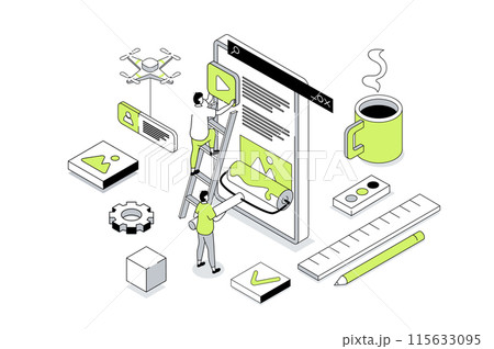 Web design 3d isometric concept in outline isometry design for web. People creating pages layouts, placing content blocks, programming and coding homepages for mobile phone. Vector illustration. Web design 3d isometric concept in outline isometry design for web. People creating pages layouts, placing content blocks, programming and coding homepages for mobile phone. Vector illustration. 115633095