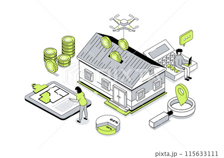 Real estate 3d isometric concept in outline isometry design for web. People researching real estate market, choosing new house with blueprint, client buying property and moving. Vector illustration. 115633111