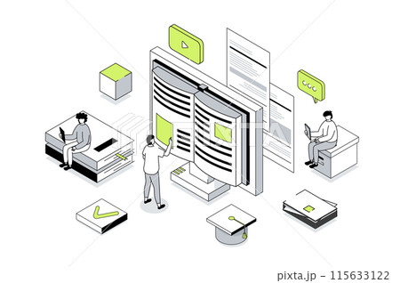 Modern education 3d isometric concept in outline isometry design for web. People reading e-books and digital textbook, learning at digital classroom, watching video lectures. Vector illustration. Modern education 3d isometric concept in outline isometry design for web. People reading e-books and digital textbook, learning at digital classroom, watching video lectures. Vector illustration. 115633122
