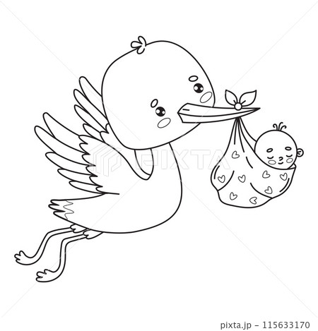 Cute flying stork with newborn baby boy. Outline cartoon kawaii bird character. Line drawing, coloring book. Vector illustration. Kids collection. 115633170