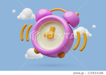 3D purple alarm clock ringing icon minimal time countdown and wake up three dimensional illustration 115633186