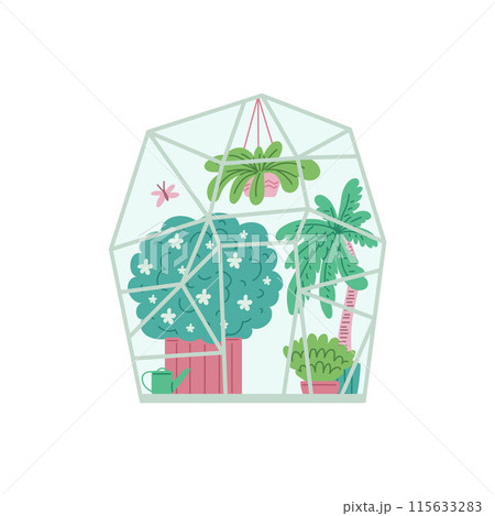 Greenhouse with palm tree, bushes, watering can, butterfly. Greenhouse with palm tree, bushes, watering can, butterfly. 115633283