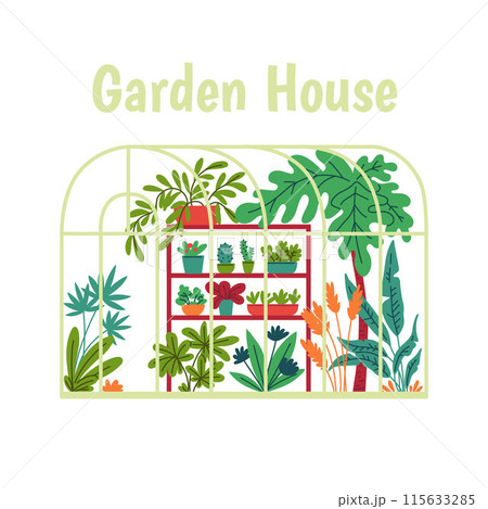 Classic glass greenhouse with trees, flower pots. 115633285